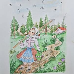 Umetnička slika Kopačica 2 slikar Eva Husarikova- Naiva Kovačica - tehnika grafika dorađena akvarelom - veličina slike bez rama 30x22 cm - sa paspartuom 42x30 cm - cena umetničke slike 7080 dinara - izgled slike sa paspartuom.