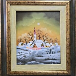 Umetnička slika Kovačica zimi slikar Pavel Hajko- Naiva Kovačica - tehnika ulje na platnu kaširano na lesonitu - veličina slike bez rama 30x25 cm - sa ramom 48x43 cm - cena umetničke slike 47200 dinara - izgled slike sa ramom.