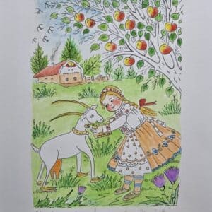 Umetnička slika Mala koza 1 slikar Eva Husarikova- Naiva Kovačica - tehnika grafika dorađena akvarelom - veličina slike bez rama 30x22 cm - sa paspartuom 42x30 cm - cena umetničke slike 7080 dinara - izgled slike sa paspartuom.