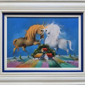 Umetnička slika Prosulo se selo... VI slikar Janoš Mesaroš- tehnika kombinovana tehnika lak pastel - veličina slike bez rama 25x35 cm - sa ramom 40x50 cm - cena umetničke slike 35400 dinara - izgled slike sa ramom.
