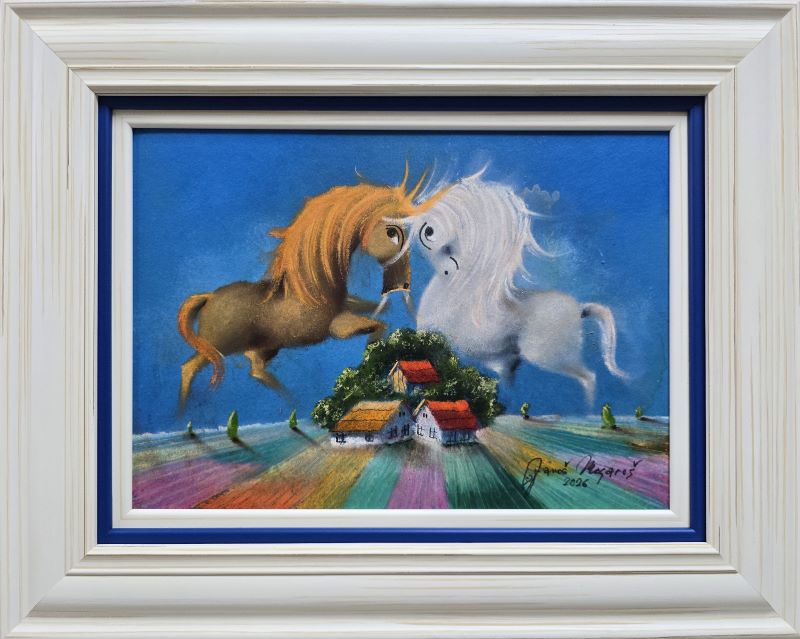 Umetnička slika Prosulo se selo... VI slikar Janoš Mesaroš- tehnika kombinovana tehnika lak pastel - veličina slike bez rama 25x35 cm - sa ramom 40x50 cm - cena umetničke slike 35400 dinara - izgled slike sa ramom.