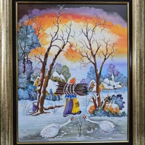 Umetnička slika Sakupljanje drva slikar Juraj Lavroš- Naiva Kovačica - tehnika ulje na platnu - veličina slike bez rama 50x40 cm - sa ramom 63x53 cm - cena umetničke slike 70800 dinara - izgled slike sa ramom.