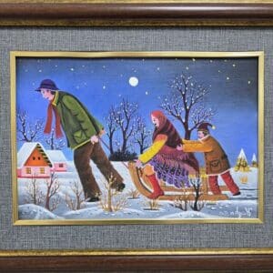 Umetnička slika Sankanje slikar Pavel Hajko- Naiva Kovačica - tehnika ulje na platnu kaširano na lesonitu - veličina slike bez rama 36x25 cm - sa ramom 41x53 cm - cena umetničke slike 53100 dinara - izgled slike sa ramom.
