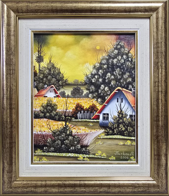 Umetnička slika Selo slikar Martin Markov- Naiva Kovačica - tehnika ulje na lesonitu - veličina slike bez rama 25x20 cm - sa ramom 37x32 cm - cena umetničke slike 59000 dinara - izgled slike sa ramom.