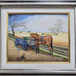 Umetnička slika Seoski posao slikar Jan Bačur- Naiva Kovačica - tehnika ulje na platnu - veličina slike bez rama 20x25 cm - sa ramom 30x35 cm - cena umetničke slike 59000 dinara - izgled slike sa ramom