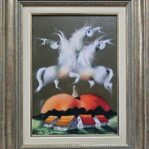 Umetnička slika Tri bela ata VI slikar Janoš Mesaroš- tehnika kombinovana tehnika lak pastel - veličina slike bez rama 35x25 cm - sa ramom 50x40 cm - cena umetničke slike 35400 dinara - izgled slike sa ramom.