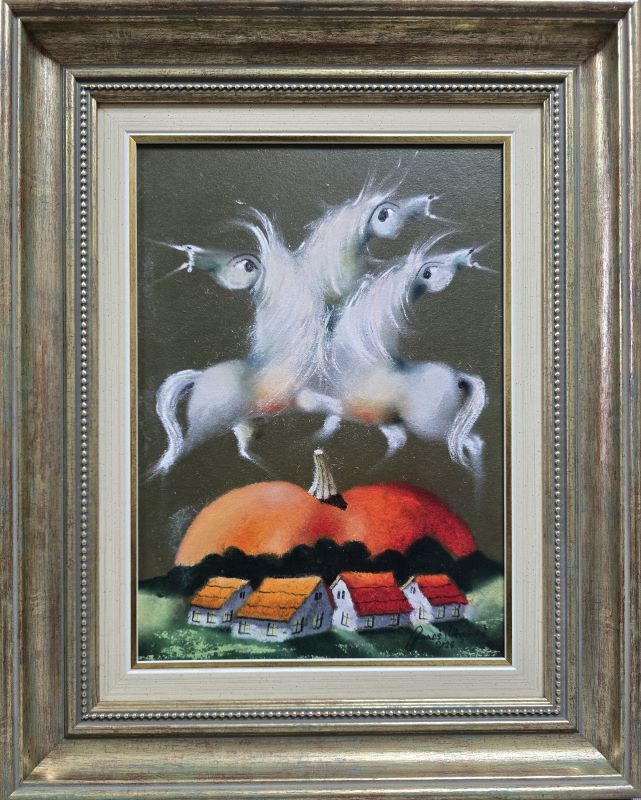 Umetnička slika Tri bela ata VI slikar Janoš Mesaroš- tehnika kombinovana tehnika lak pastel - veličina slike bez rama 35x25 cm - sa ramom 50x40 cm - cena umetničke slike 35400 dinara - izgled slike sa ramom.