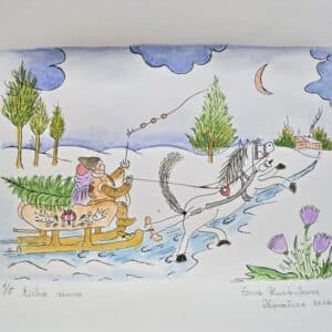 Umetnička slika Vesela zima slikar Eva Husarikova- Naiva Kovačica - tehnika grafika dorađena akvarelom - veličina slike bez rama 22x30 cm - sa paspartuom 30x42 cm - cena umetničke slike 7080 dinara - izgled slike sa paspartuom.