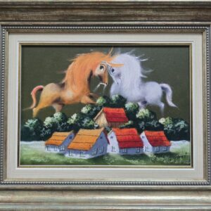 Umetnička slika Zelena rapsodija VI slikar Janoš Mesaroš- tehnika kombinovana tehnika lak pastel - veličina slike bez rama 25x35 cm - sa ramom 40x50 cm - cena umetničke slike 35400 dinara - izgled slike sa ramom.