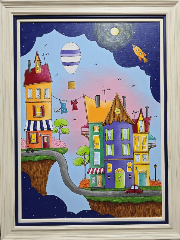 Umetnička slika Balon II slikar Tijana Lazić- tehnika akril na platnu - veličina slike bez rama 70x50 cm - sa ramom 83x63 cm - cena umetničke slike 25960 dinara - izgled slike sa ramom.