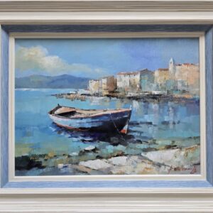 Umetnička slika Barke 4 slikar Branko Dimitrijević- tehnika ulje na platnu - veličina slike bez rama 30x40 cm - sa ramom 43x53 cm - cena umetničke slike 20060 dinara - izgled slike sa ramom.