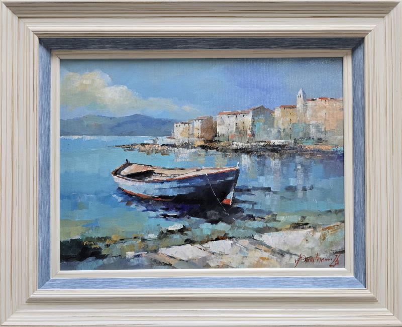 Umetnička slika Barke 4 slikar Branko Dimitrijević- tehnika ulje na platnu - veličina slike bez rama 30x40 cm - sa ramom 43x53 cm - cena umetničke slike 20060 dinara - izgled slike sa ramom.