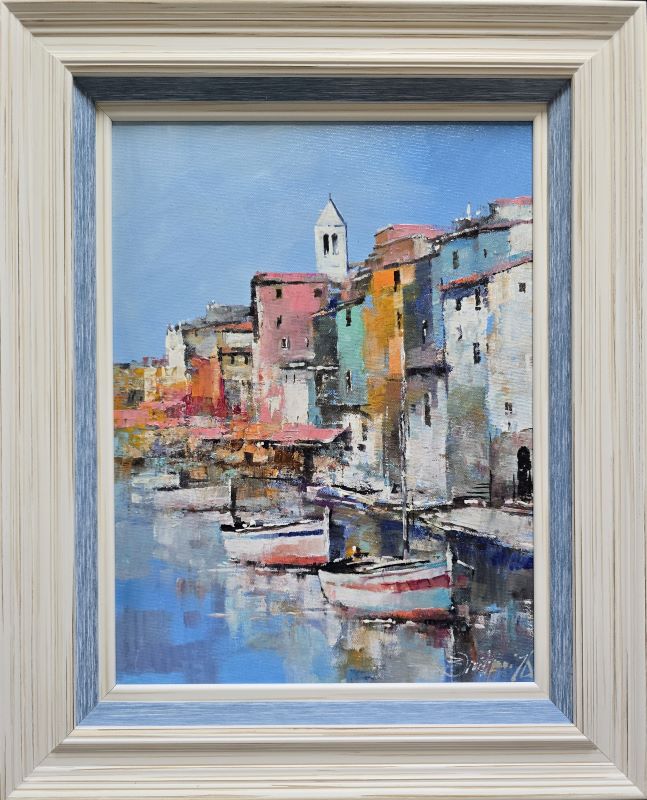Umetnička slika Barke 5 slikar Branko Dimitrijević- tehnika ulje na platnu - veličina slike bez rama 40x30 cm - sa ramom 53x43 cm - cena umetničke slike 20060 dinara - izgled slike sa ramom.