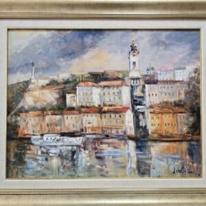 Umetnička slika Beograd 2 slikar Rade Laketa- tehnika ulje na platnu - veličina slike bez rama 44x57 cm - sa ramom 59x72 cm - cena umetničke slike 22480 dinara - izgled slike sa ramom.