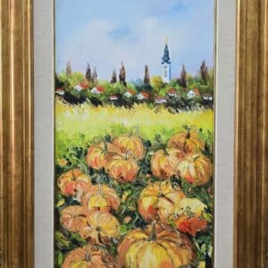 Umetnička slika Bundeve slikar Vesna Cvetkov- tehnika ulje na platnu - veličina slike bez rama 60x30 cm - sa ramom 79x49 cm - cena umetničke slike 22420 dinara - izgled slike sa ramom.