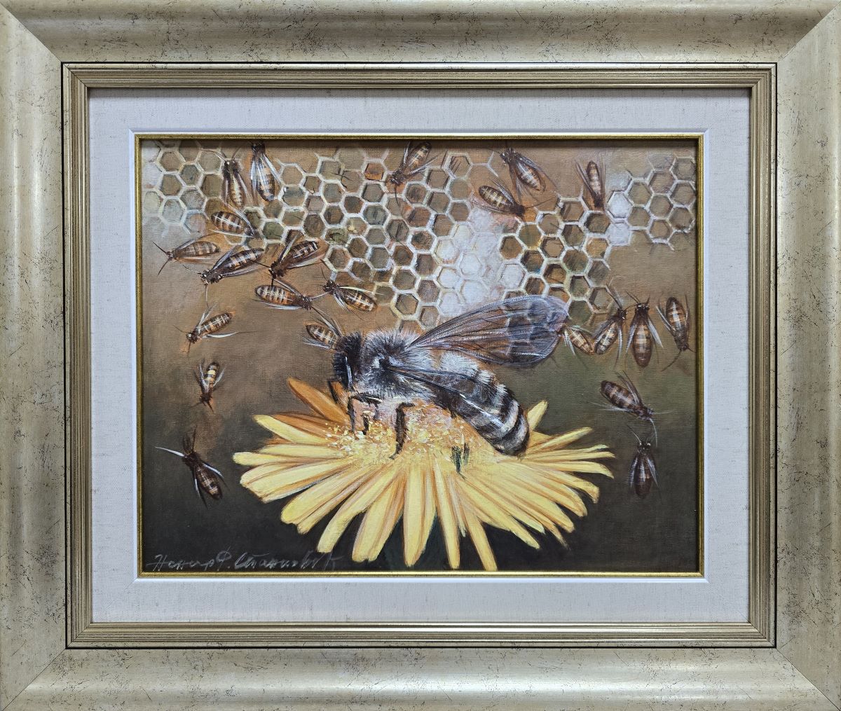 Umetnička slika Carstvo pčela slikar Nenad Stanković- tehnika ulje na platnu - veličina slike bez rama 27x35 cm - sa ramom 43x50 cm - cena umetničke slike 55460 dinara - izgled slike sa ramom