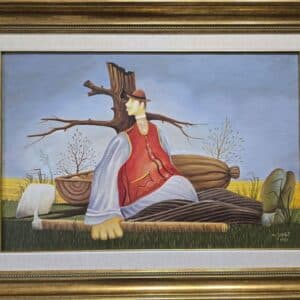 Umetnička slika Čovek sa motikom slikar Martin Jonaš- Naiva Kovačica - tehnika ulje na platnu - veličina slike bez rama 40x60 cm - sa ramom 58x78 cm - cena umetničke slike 259600 dinara - izgled slike sa ramom.