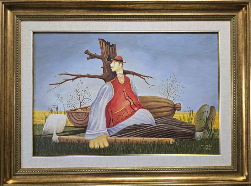 Umetnička slika Čovek sa motikom slikar Martin Jonaš- Naiva Kovačica - tehnika ulje na platnu - veličina slike bez rama 40x60 cm - sa ramom 58x78 cm - cena umetničke slike 259600 dinara - izgled slike sa ramom.
