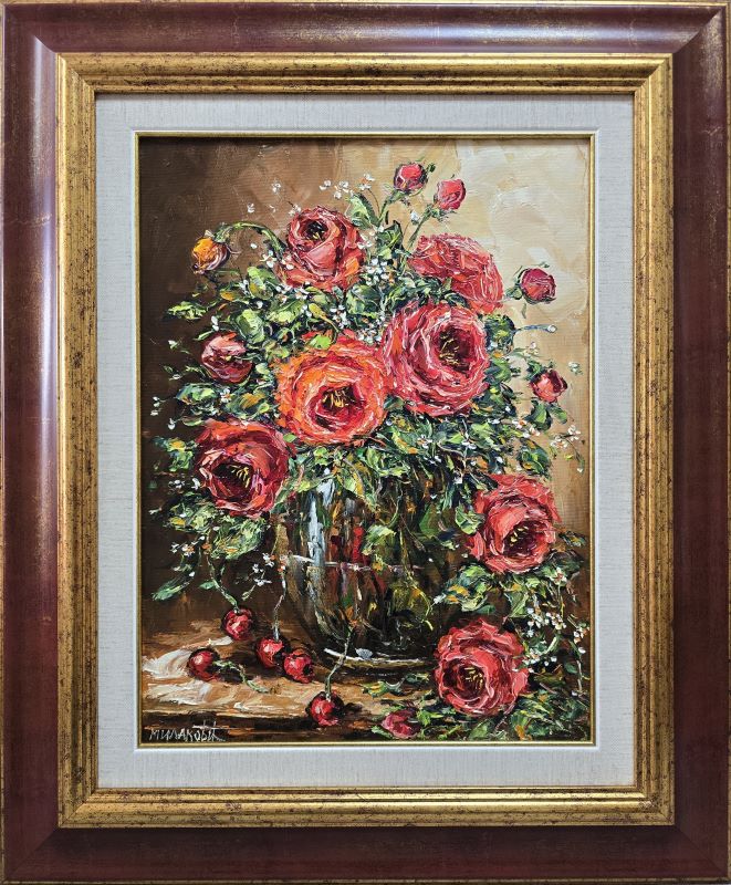 Umetnička slika Crvene ruže slikar Bosa Milaković- tehnika ulje na platnu - veličina slike bez rama 40x30 cm - sa ramom 59x49 cm - cena umetničke slike 29500 dinara - izgled slike sa ramom.