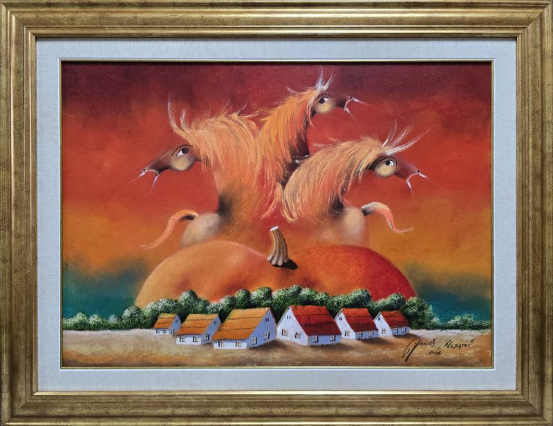 Umetnička slika Čuvarkuća slikar Janoš Mesaroš- tehnika kombinovana pastel ulje lak - veličina slike bez rama 50x70 cm - sa ramom 69x89 cm - cena umetničke slike 82600 dinara - izgled slike sa ramom.