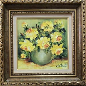 Umetnička slika Cveće 1 slikar Vesna Cvetkov- tehnika ulje na platnu - veličina slike bez rama 20x20 cm - sa ramom 33x33 cm - cena umetničke slike 7080 dinara - izgled slike sa ramom.