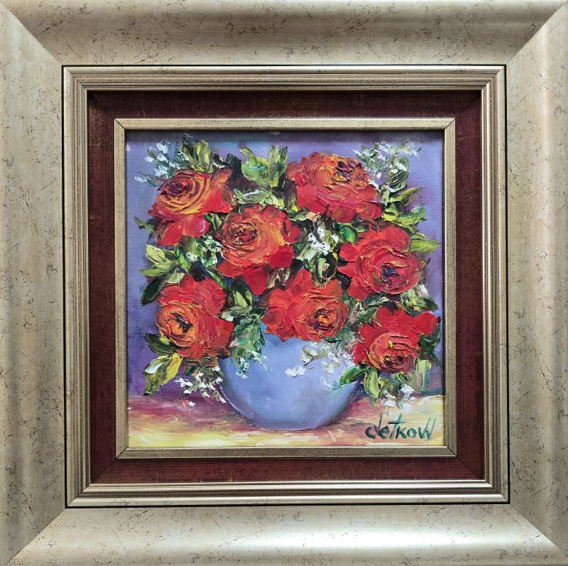 Umetnička slika Cveće 2 slikar Vesna Cvetkov- tehnika ulje na platnu - veličina slike bez rama 20x20 cm - sa ramom 34x34 cm - cena umetničke slike 7080 dinara - izgled slike sa ramom.