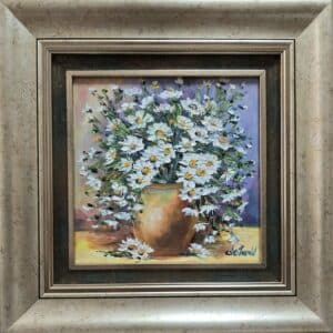 Umetnička slika Cveće 3 slikar Vesna Cvetkov- tehnika ulje na platnu - veličina slike bez rama 20x20 cm - sa ramom 33x33 cm - cena umetničke slike 7080 dinara - izgled slike sa ramom.