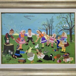 Umetnička slika Igra sa pužem slikar Zuzana Halupova- Naiva Kovačica - tehnika ulje na platnu - veličina slike bez rama 35x50 cm - sa ramom 50x65 cm - cena umetničke slike 236000 dinara - izgled slike sa ramom.