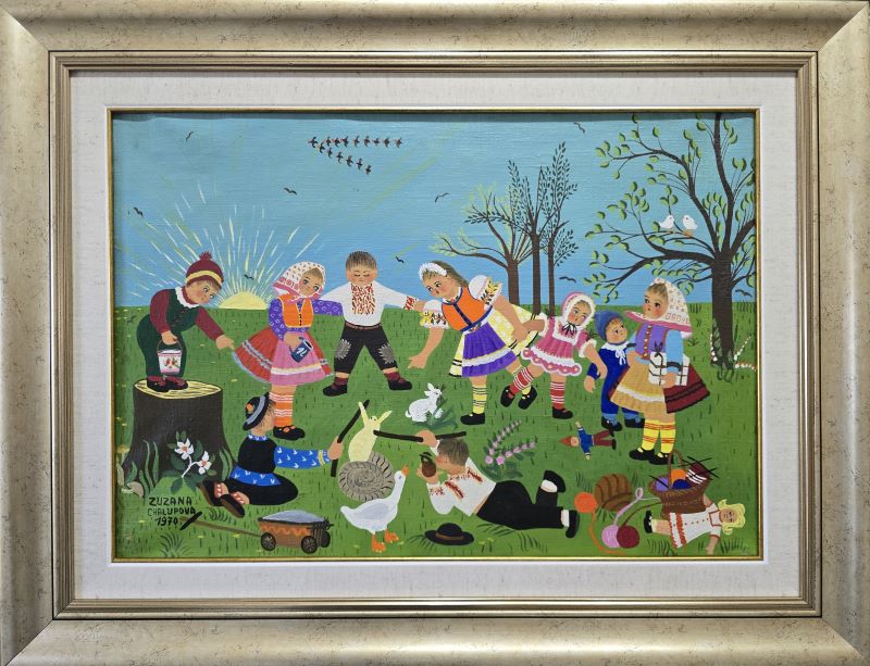 Umetnička slika Igra sa pužem slikar Zuzana Halupova- Naiva Kovačica - tehnika ulje na platnu - veličina slike bez rama 35x50 cm - sa ramom 50x65 cm - cena umetničke slike 236000 dinara - izgled slike sa ramom.
