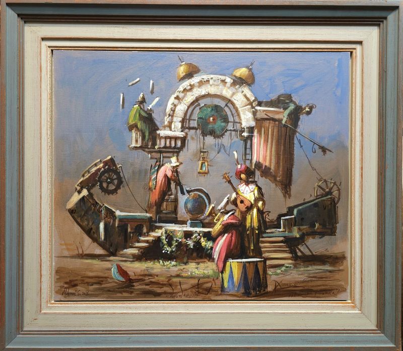 Umetnička slika Panonska pozornica slikar Goran Mitrović- tehnika kombinovana tehnika - veličina slike bez rama 50x60 cm - sa ramom 70x80 cm - cena umetničke slike 106200 dinara - izgled slike sa ramom.