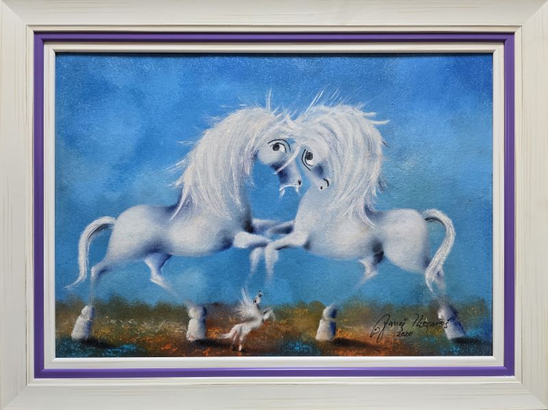 Umetnička slika Plava rapsodija II slikar Janoš Mesaroš- tehnika kombinovana pastel ulje tehnika - veličina slike bez rama 35x50 cm - sa ramom 45x60 cm - cena umetničke slike 70800 dinara - izgled slike sa ramom.