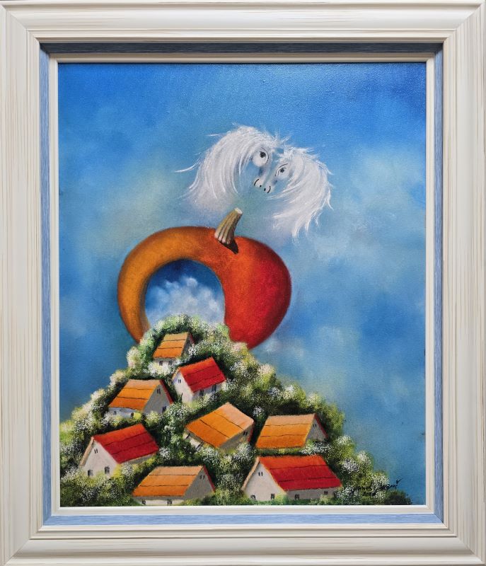 Umetnička slika Prosulo se moje selo slikar Janoš Mesaroš- tehnika ulje na platnu - veličina slike bez rama 65x55 cm - sa ramom 81x69 cm - cena umetničke slike 153400 dinara - izgled slike sa ramom.