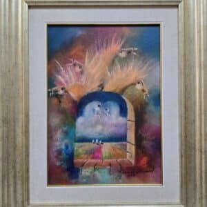 Umetnička slika Prozor V slikar Janoš Mesaroš- tehnika kombinovana tehnika lak pastel - veličina slike bez rama 35x25 cm - sa ramom 55x45 cm - cena umetničke slike 47200 dinara - izgled slike sa ramom.