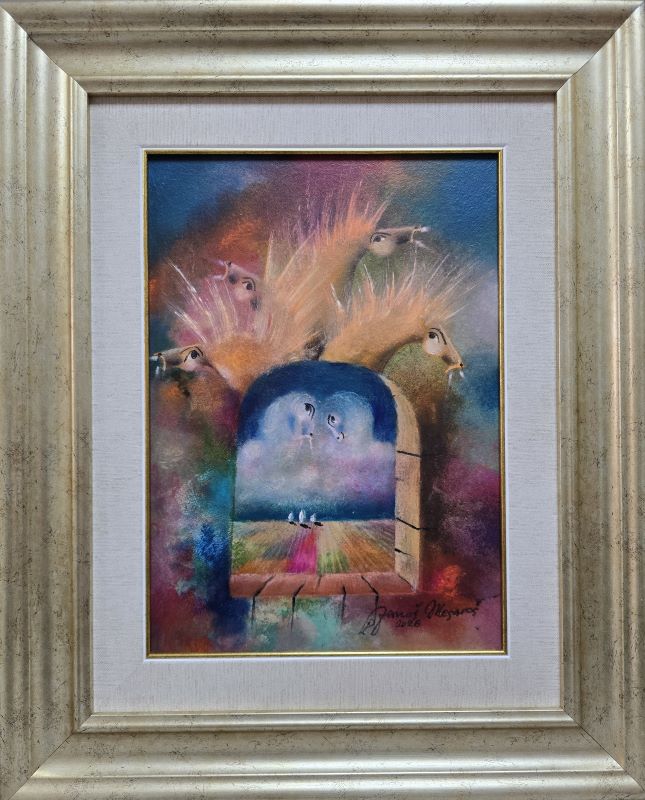 Umetnička slika Prozor V slikar Janoš Mesaroš- tehnika kombinovana tehnika lak pastel - veličina slike bez rama 35x25 cm - sa ramom 55x45 cm - cena umetničke slike 47200 dinara - izgled slike sa ramom.
