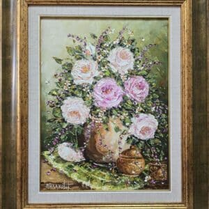 Umetnička slika Roze ruže slikar Bosa Milaković- tehnika ulje na platnu - veličina slike bez rama 40x30 cm - sa ramom 59x49 cm - cena umetničke slike 29500 dinara - izgled slike sa ramom.