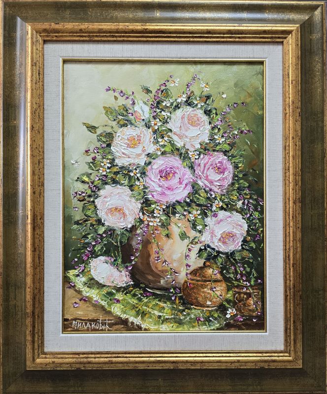 Umetnička slika Roze ruže slikar Bosa Milaković- tehnika ulje na platnu - veličina slike bez rama 40x30 cm - sa ramom 59x49 cm - cena umetničke slike 29500 dinara - izgled slike sa ramom.