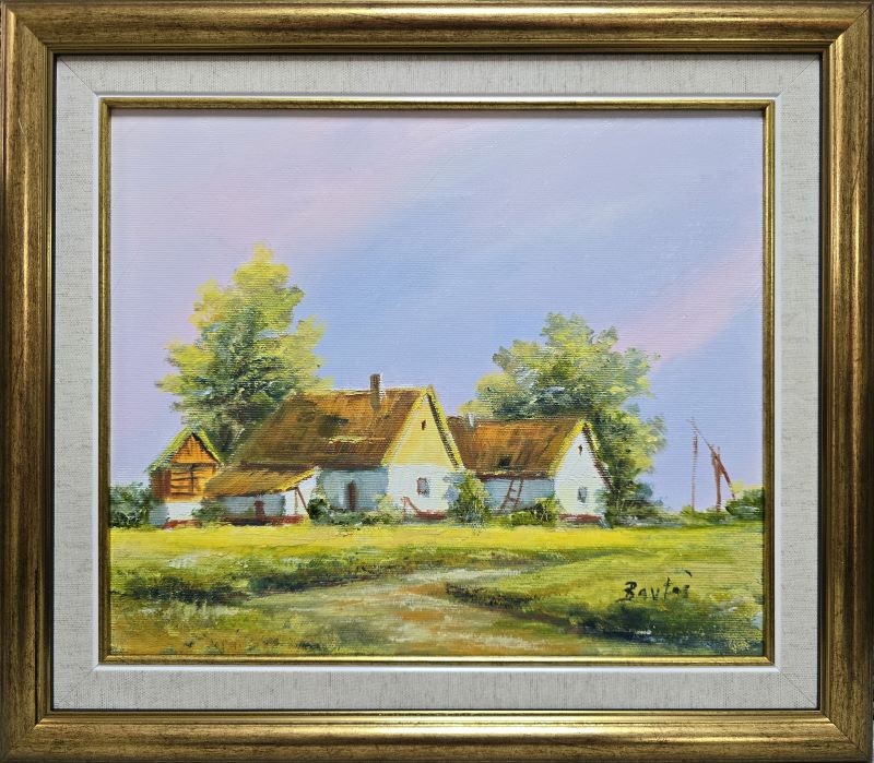 Umetnička slika Salaš 2 slikar Darko Bartoš- tehnika ulje na platnu - veličina slike bez rama 25x30 cm - sa ramom 34x39 cm - cena umetničke slike 8260 dinara - izgled slike sa ramom.