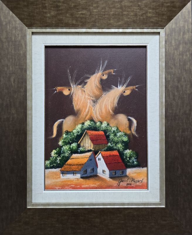 Umetnička slika Salaš V slikar Janoš Mesaroš- tehnika kombinovana tehnika lak pastel - veličina slike bez rama 35x25 cm - sa ramom 54x44 cm - cena umetničke slike 35400 dinara - izgled slike sa ramom.