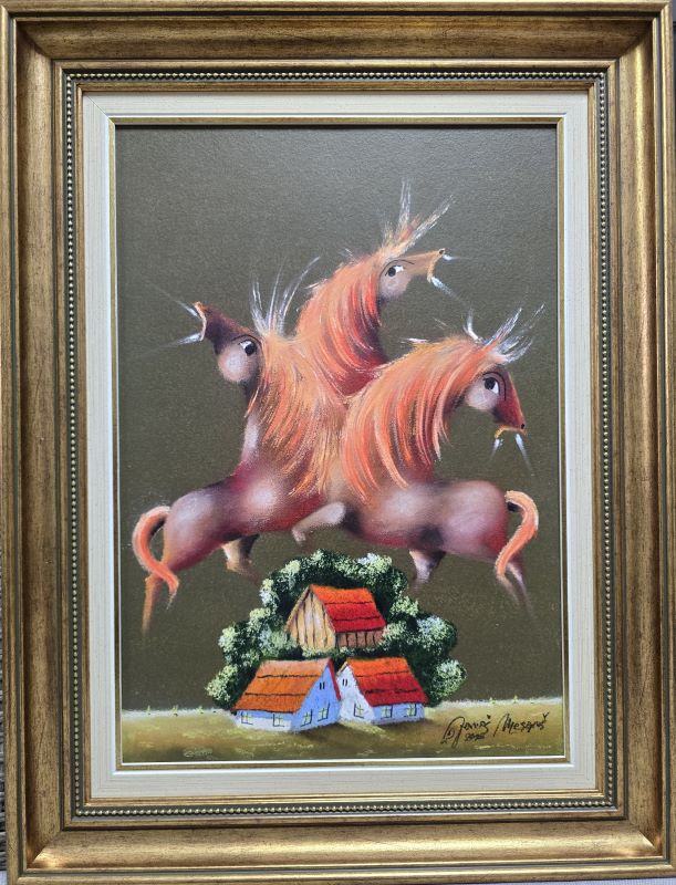 Umetnička slika Tri pastuva V slikar Janoš Mesaroš- tehnika kombinovana pastel ulje tehnika - veličina slike bez rama 50x35 cm - sa ramom 65x50 cm - cena umetničke slike 70800 dinara - izgled slike sa ramom.