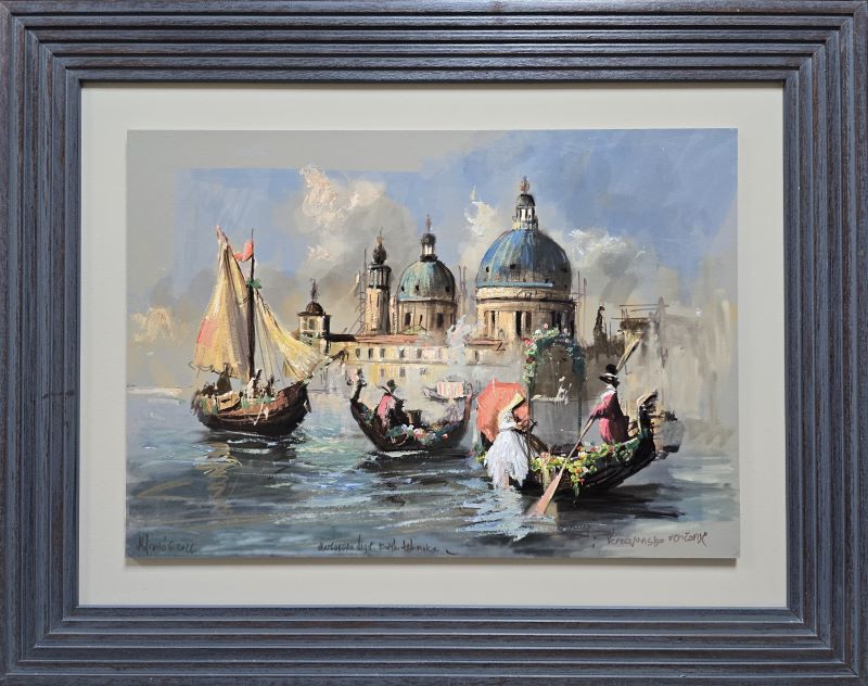 Umetnička slika Venecijansko venčanje slikar Goran Mitrović- tehnika digitalna kombinovana tehnika sa dodatim aplikacijama i islikanim detaljima uljanom bojom - veličina slike bez rama 35x50 cm - sa ramom 55x70 cm - cena umetničke slike 49560 dinara - izgled slike sa ramom.