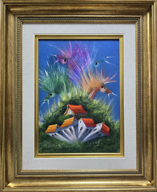 Umetnička slika Vremeplov V slikar Janoš Mesaroš- tehnika kombinovana tehnika lak pastel - veličina slike bez rama 35x25 cm - sa ramom 55x45 cm - cena umetničke slike 47200 dinara - izgled slike sa ramom.