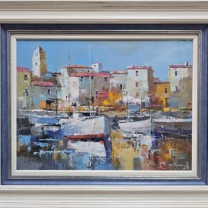 Umetnička slika Barke 5 slikar Branko Dimitrijević- tehnika ulje na platnu - veličina slike bez rama 30x40 cm - sa ramom 45x55 cm - cena umetničke slike 20060 dinara - izgled slike sa ramom.