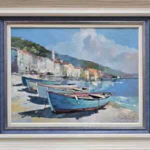 Umetnička slika Barke 6 slikar Branko Dimitrijević- tehnika ulje na platnu - veličina slike bez rama 30x40 cm - sa ramom 45x55 cm - cena umetničke slike 20060 dinara - izgled slike sa ramom.