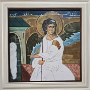 Umetnička slika Beli anđeo III slikar Marija Đukić- tehnika ulje na platnu - veličina slike bez rama 50x50 cm - sa ramom 63x63 cm - cena umetničke slike 23600 dinara - izgled slike sa ramom.