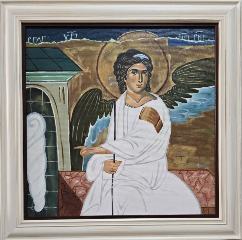 Umetnička slika Beli anđeo III slikar Marija Đukić- tehnika ulje na platnu - veličina slike bez rama 50x50 cm - sa ramom 63x63 cm - cena umetničke slike 23600 dinara - izgled slike sa ramom.