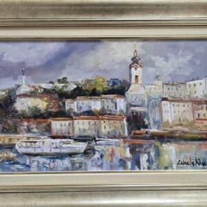 Umetnička slika Beograd 3 slikar Rade Laketa- tehnika ulje na platnu - veličina slike bez rama 29x50 cm - sa ramom 43x64 cm - cena umetničke slike 18880 dinara - izgled slike sa ramom.