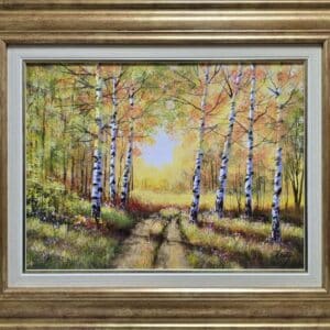 Umetnička slika Breze i put slikar Aleksandar Injac- tehnika ulje na platnu - veličina slike bez rama 30x40 cm - sa ramom 46x56 cm - cena umetničke slike 18880 dinara - izgled slike sa ramom.