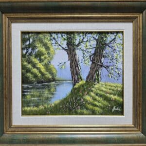 Umetnička slika Kraj reke slikar Jadran Đukić- tehnika ulje na platnu - veličina slike bez rama 25x30 cm - sa ramom 41x46 cm - cena umetničke slike 15340 dinara - izgled slike sa ramom.