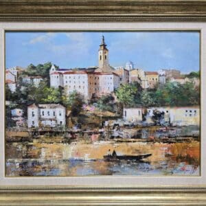 Umetnička slika Moj Beograd slikar Branko Dimitrijević- tehnika ulje na platnu - veličina slike bez rama 45x60 cm - sa ramom 62x76 cm - cena umetničke slike 50740 dinara - izgled slike sa ramom.