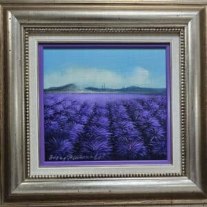 Umetnička slika Polje lavandi slikar prof. FLU Nenad Stanković- tehnika ulje na platnu - veličina slike bez rama 27x29 cm - sa ramom 49x51 cm - cena umetničke slike 53100 dinara - izgled slike sa ramom.
